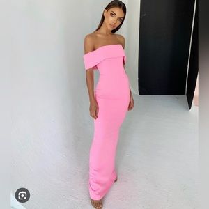 House of CB ‘Shelby’ Pink Crepe Off Shoulder Dress gown size XS Barbie body con